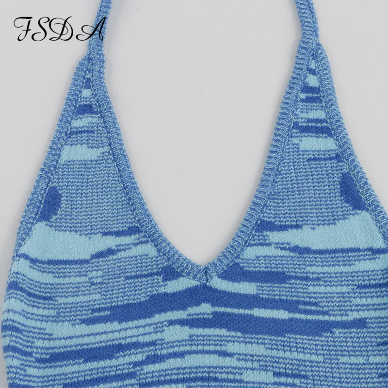 FSDA 2021 Robe tricotée à col en V Moulante Bleu Femmes Halter Cou Dos Nu Bandage Été Plage Sans Manches Sexy Mini Robes Y2K X0521