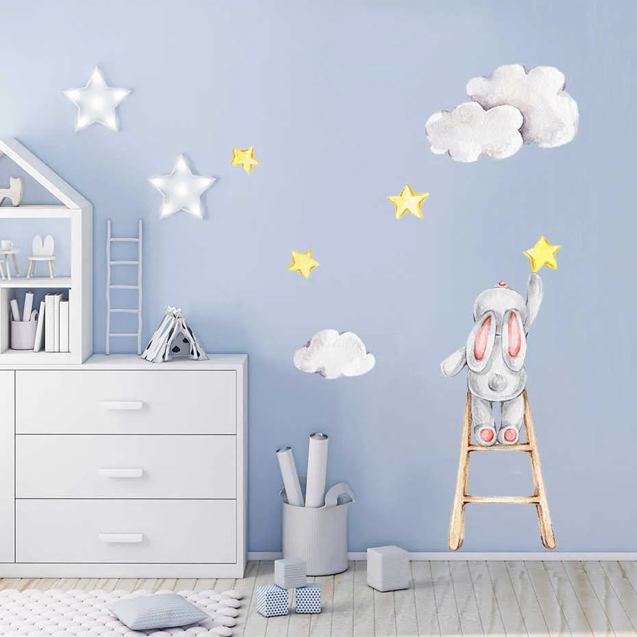 Bunny de aquarela fofa nas escadas estrelas nuvens Decalques de parede removíveis adesivos de arte do berçário Posters PVC Girls Bedroom Decoração de casa 22866281