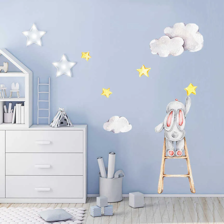 Simpatico coniglietto acquerello sulle scale Stelle Nuvole Decalcomanie da muro rimovibili Nursery Art Stickers Poster PVC Ragazze Camera da letto Home Decor 210914