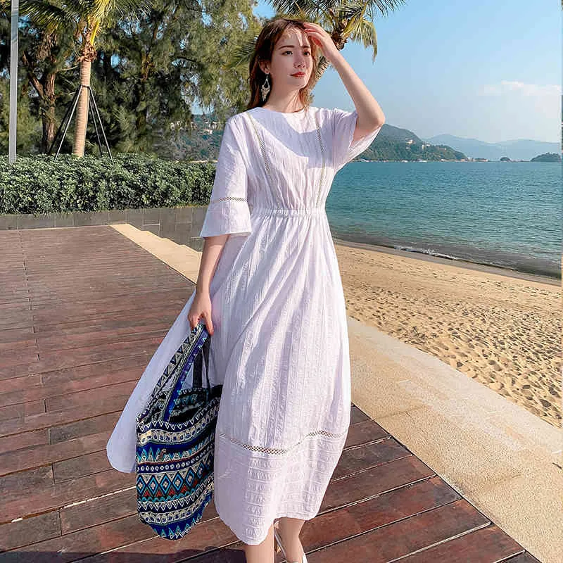 Spring Summer Women's Three Quarter Sleeve O Neck Vintage Female Big Swing Elastic Waistline A Line Dress Long Vestidos 210514