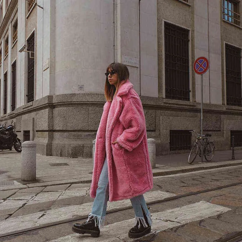 Różowy długi misy płaszcz z płaszczem kobiet zima grube ciepłe grube, grube odzież wierzchnia Kobiety Faux Lamblool Fur Płaszcze 220112