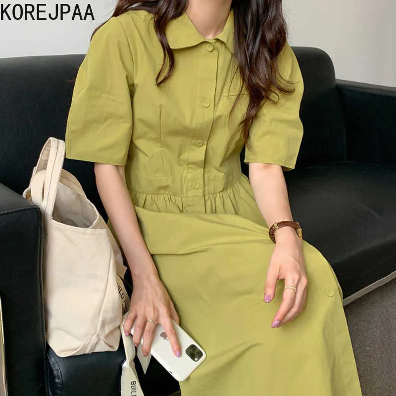 Korejpaa Dames Jurk Zomer Korea Chic Temperament Zomer Kleine Revers Single Breasted Taille Bubble Sleeve Shirt Jurken 210526