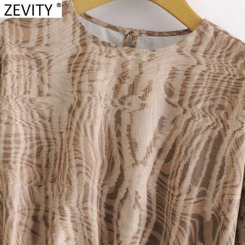 Zevity Women Vintage Animal Texture Print Short Smock Camicetta Donna O Collo Manica lunga Camicia casual Chic Blusas Top LS7531 210603