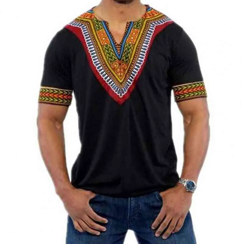 Mode Hommes Dashiki T-shirt Col V Imprimer Tops Africain Ethnique À Manches Courtes Marque T-shirts Hommes Vêtements Africains 2021 S-5XL Y220214