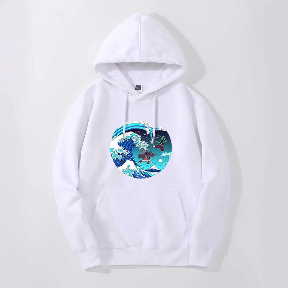 Demon Slayer Japão Anime Respiração do Grande Onda Lã Hoodies Moletons Streetwear Mens Hip Hop Casual Inverno Pulôver Tops H0909