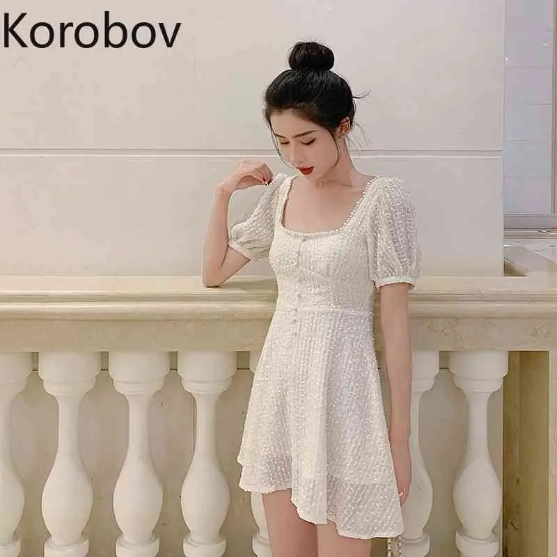 Korobov Square Collar Open Collarbone White Dress High Wasit Hip A Line Sexy Vestido Small Fragrance Slim Ropa Summer New 210430