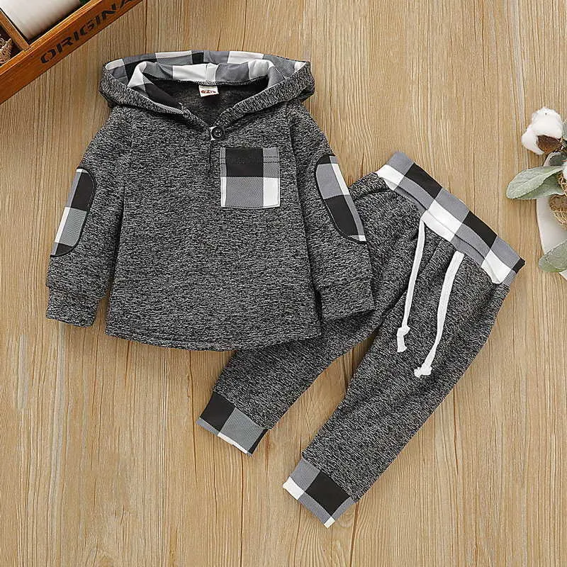 Groothandel lente jongens en meisjes sets kleurrijke plaid katoen hoodie 2-delig sport pak babykleding E90017 210610