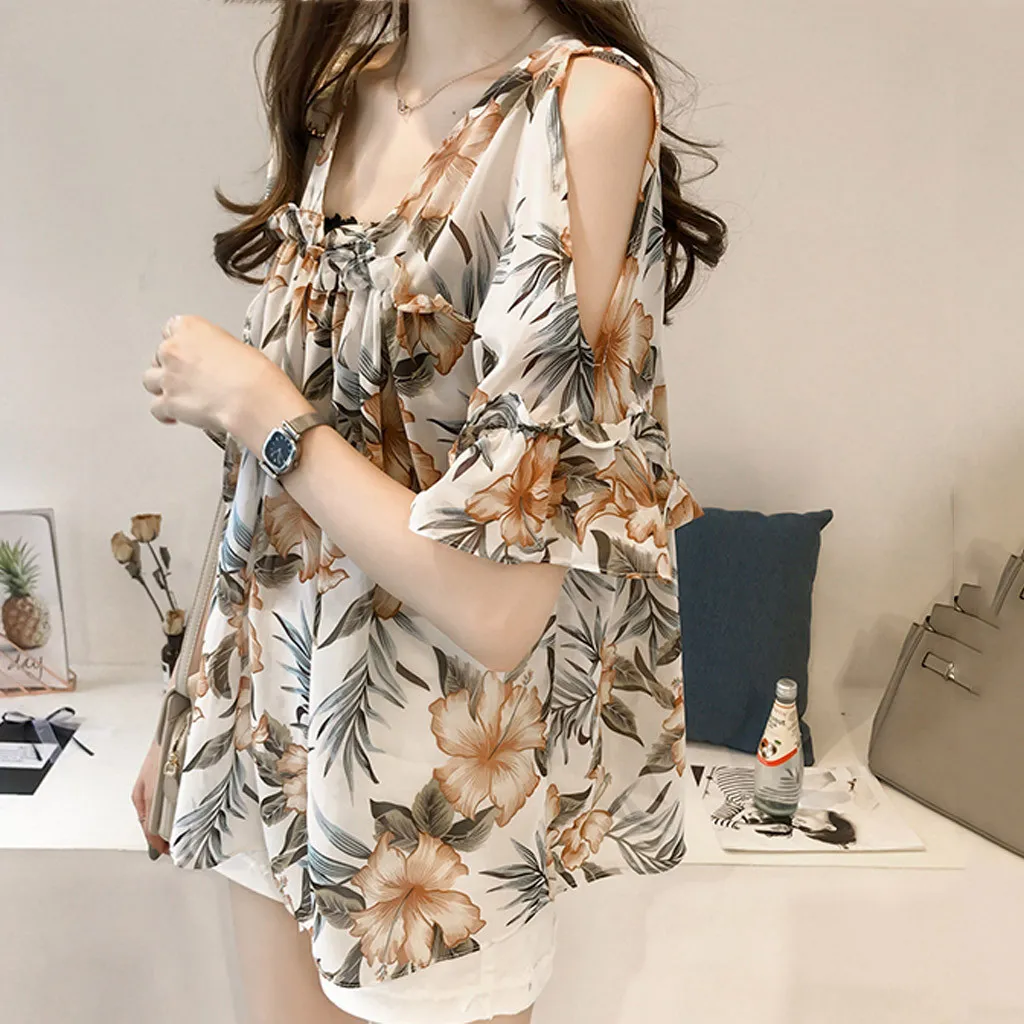 ウォーマイルシャツの女性夏のエレガントなファッションプリント半袖冷たいショルダーフリルシフォンシャツオフィスレディースワークブラウスx0521