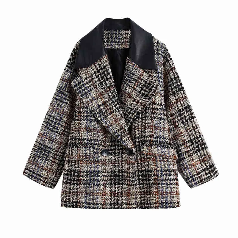 Vintage Woman Loose Patchwork Plaid Textured Jacket Spring Autumn Fashion Ladies Oversized Coats Female Casual Outerwear 210515