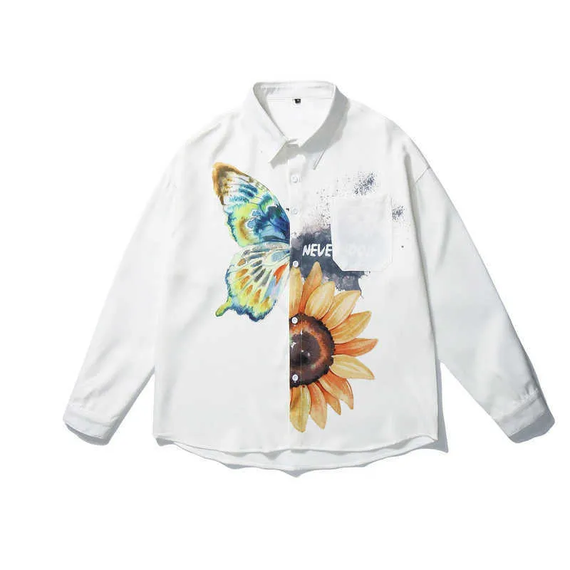 Mens Shirts Butterfly Sunflower Dislocatie Gedrukt Streetwear Oversized Shirt Harajuku Losse Lange Mouwen Man Tops Zwart / Wit 210527