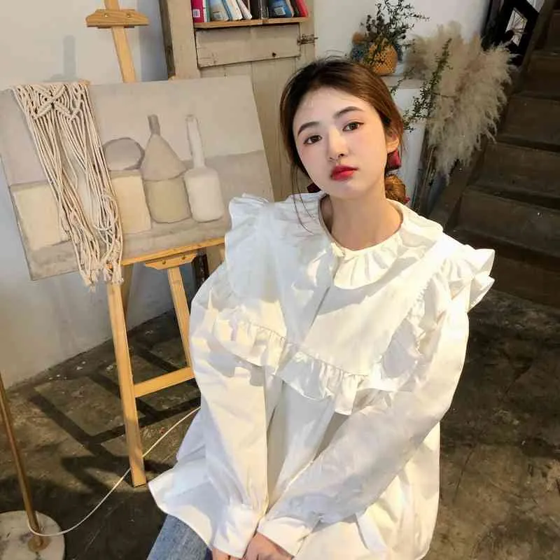 Ezgaga Koreanska Chic Sweet Puff Sleeve Blus Kvinnor Sommar Nya Eleganta Ruffles Solid Loose Girl Fashion T Shirts All-Match 210430