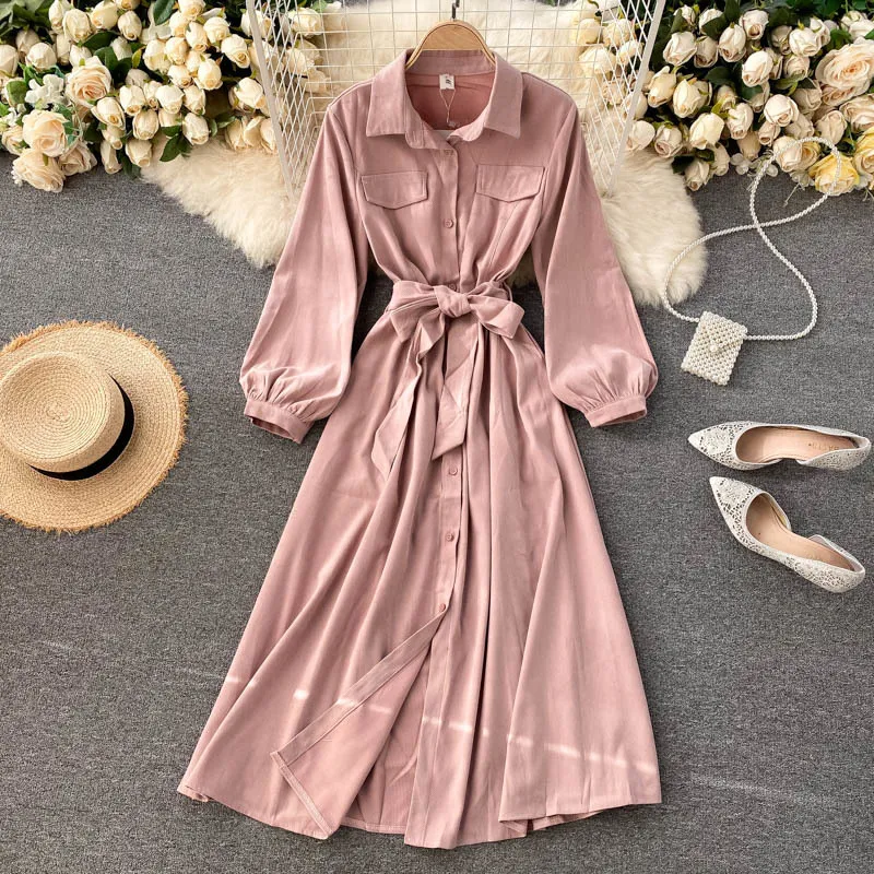 SINGREINY Women Korean Bow Sashes Dress Turn Down Collar Puff Sleeve Vacation A Line Dress Autumn Solid Casual Office Lady Dress 210419