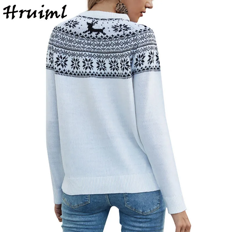 Casual Maglione Bianco Donna Cervo Fiocco di neve Stampa Manica lunga O Collo Autunno Pullover Abiti invernali oversize 210513