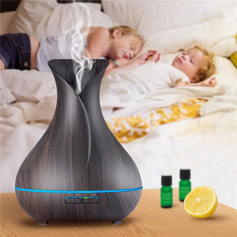 DEVISIB 400ml Aroma Diffuseur d'Huiles Essentielles Bois Grain Ultrasonique Cool Mist Humidificateur 7 Couleur LED Lumière pour Bureau Maison Chambre 210724