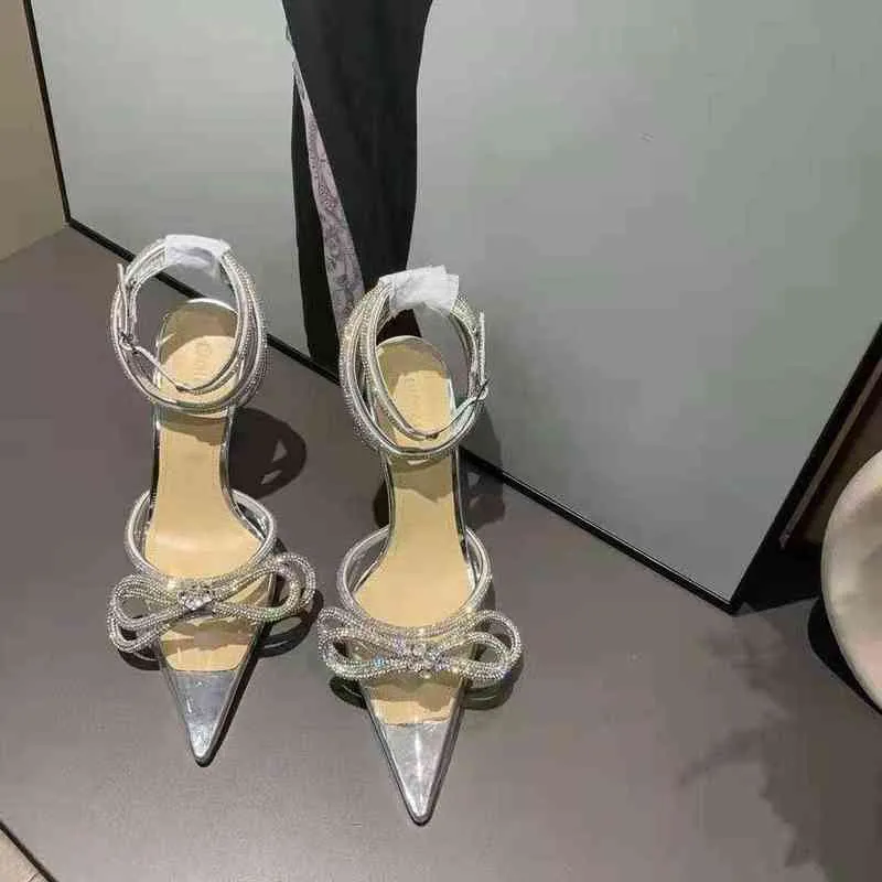クリスタル装飾ラインストーンイブニングシューズスプールヒールサンダル女性ヒール贅沢デザイナーズドレス靴