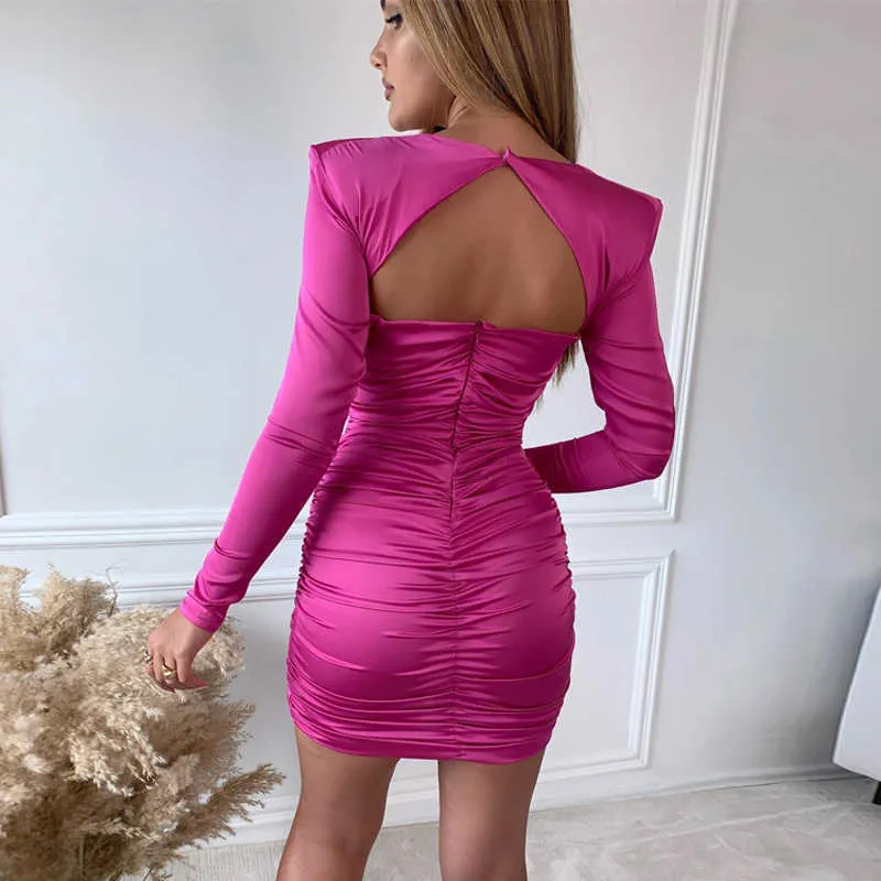 Épaulière Creux Out Dos Nu Ruché Butt Zipper Femmes Squarer Cou À Manches Longues Mini Robe Satin Élégant Bodycon Bureau 210604