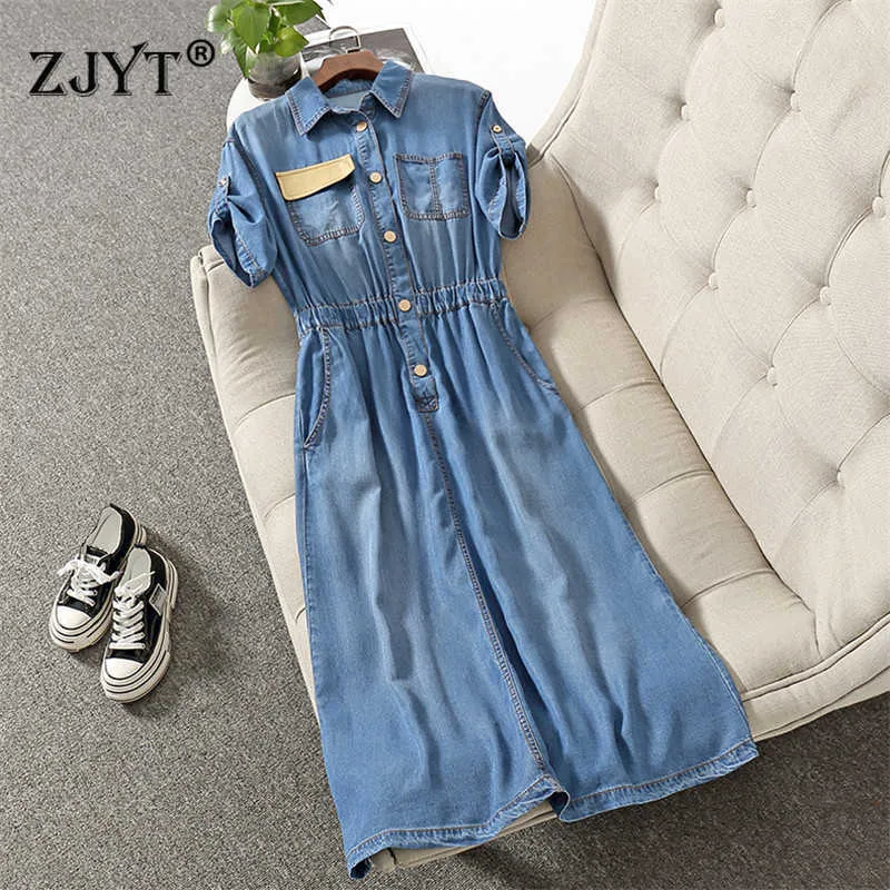 Fashion Summer Streetwear Women Trend Short Sleeve Elastic Waist Blue Soft Lyocell Denim Dress Casual Robe Femme 210601