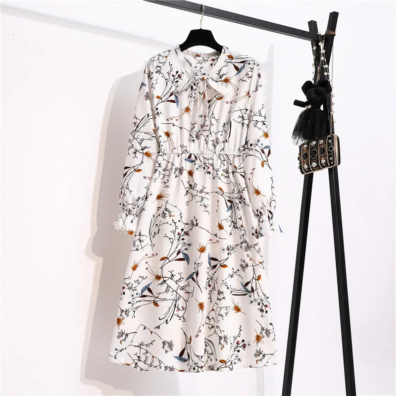 Korean Chiffon Spring Summer Dres Vintage Floral Printed V-Neck Elastic Taille Fashion Beach Midi Sundress Vestidos 220215