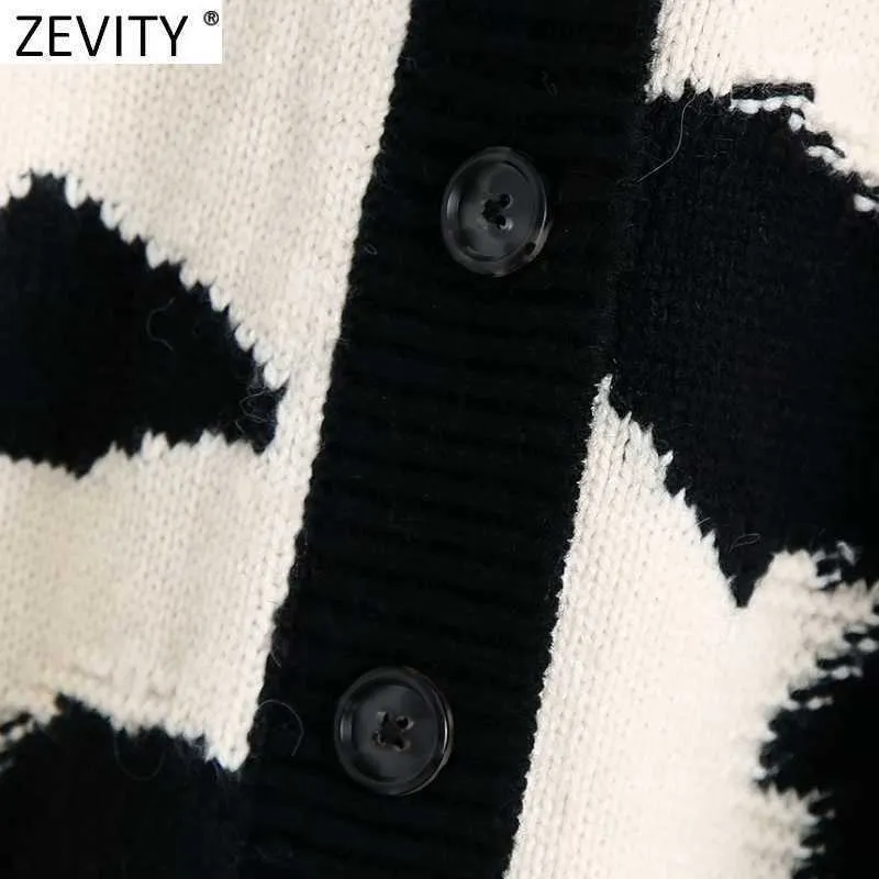 Zeveity женщины Vintage V-образным вырезом животных образец вязание крючком кардиганов вязание свитера женское шикарное с длинным рукавом контрастные цвета топы S703 210603