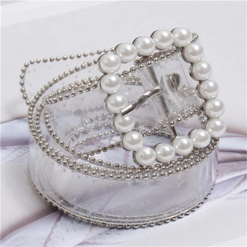 Gürtel Mode Klare Gürtel Taille Für Frauen 2021 Transparente Weiße Perle Cinturon Mujer Kunststoff Designer Bund Ladies293V