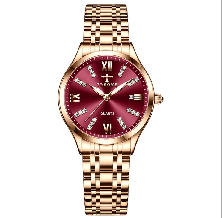 Trsoye marka wino czerwona tarcza temperament damskie zegarek oddychający skórzany pasek Rażące diamentowe damskie zegarki Luminous Funkcja Tren2994