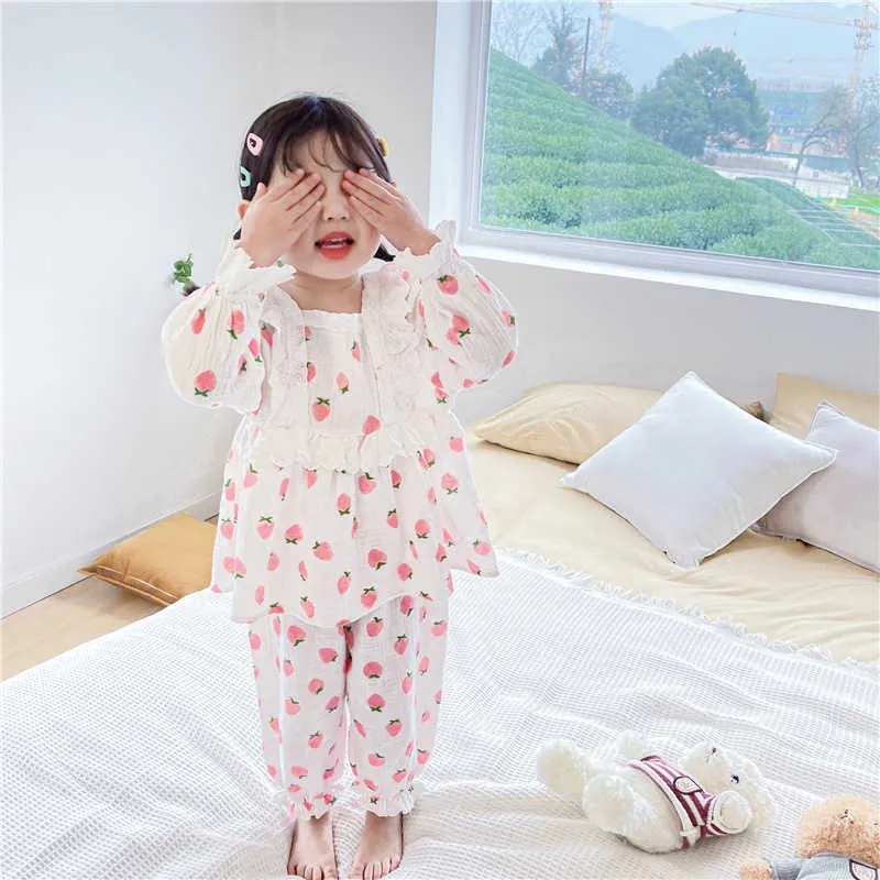Spring Baby Pajamas Long Sleeve Cotton Strawberry RufflesTop+long Pants Homewear Girl Outfits E2038 210610