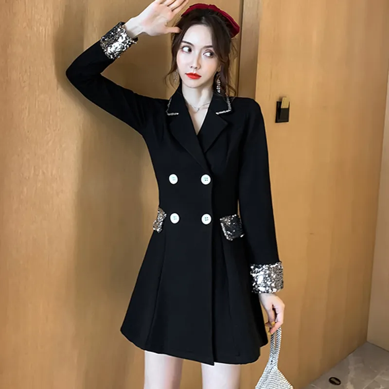 春秋の女性のドレス韓国風ステッチスーツカラーダブルブレストスリミング長袖ES LL707 210506