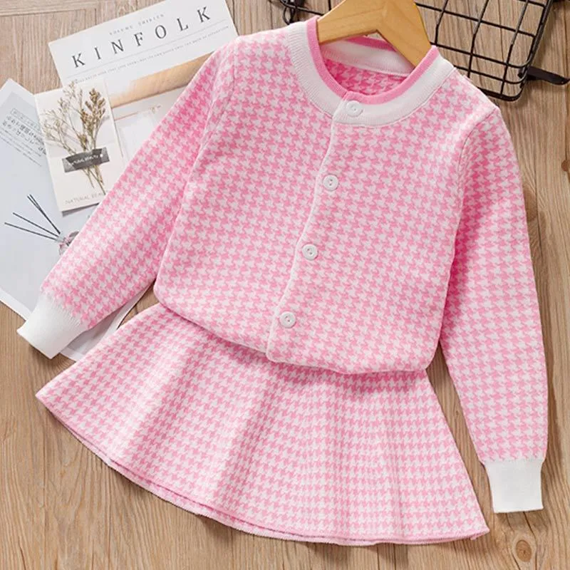 Girls Autumn Dress Winter Kids Girl Party Long Sleeve Knitted Top+Skirt Plaid Cute Children Knitwear 210429