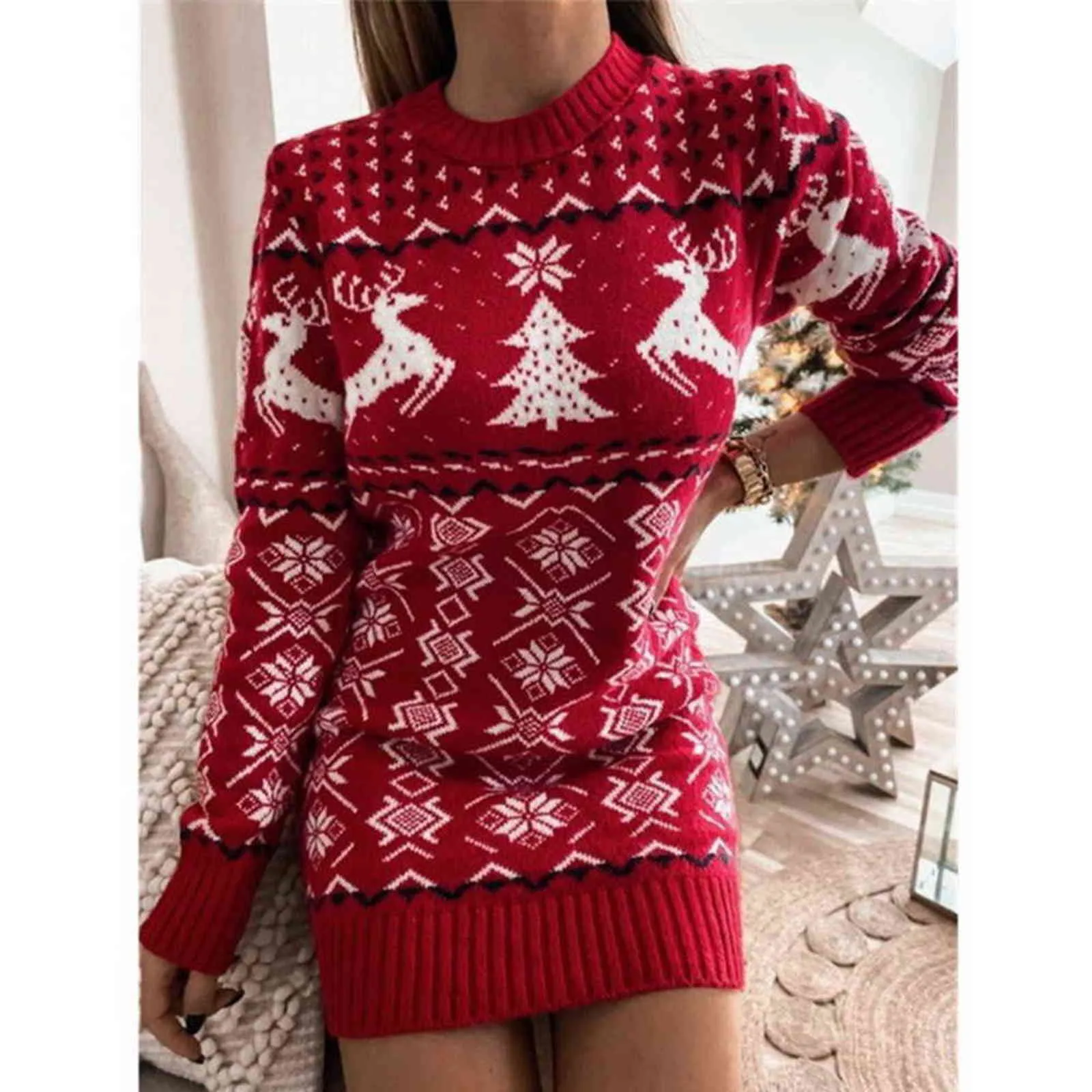 Женщины Рождественские свитер платье мода осень зима с длинным рукавом печатные платья женские рождественские мини-платье 2021 топы новых женщин Y1110