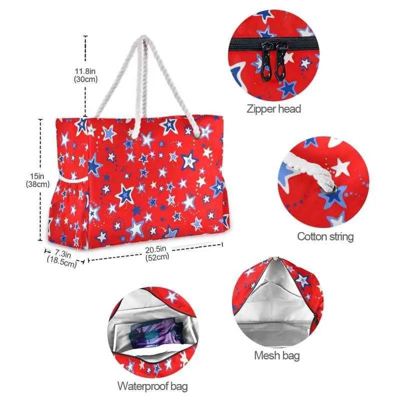 Shopping ring, women's multicolor nylon handbag, fashionable beach bag, July 4 red and blue stars, handbag 220310