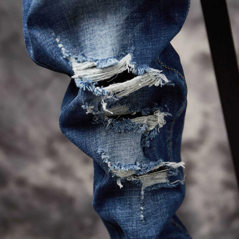 Hommes Ripped Destroyed Casual Slim Fit Jeans Mode Streetwear Gros trous Hip Hop Mâle Coton Mendiant Denim Harem Pantalon 210716
