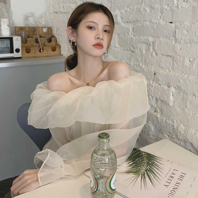 Korejpaa Women Shirt Summer Korean Chic Gentle Sweet Geminine Thin One-Neck Loose Clavicle Long-Sleeved Sunscreen Blouses 210526