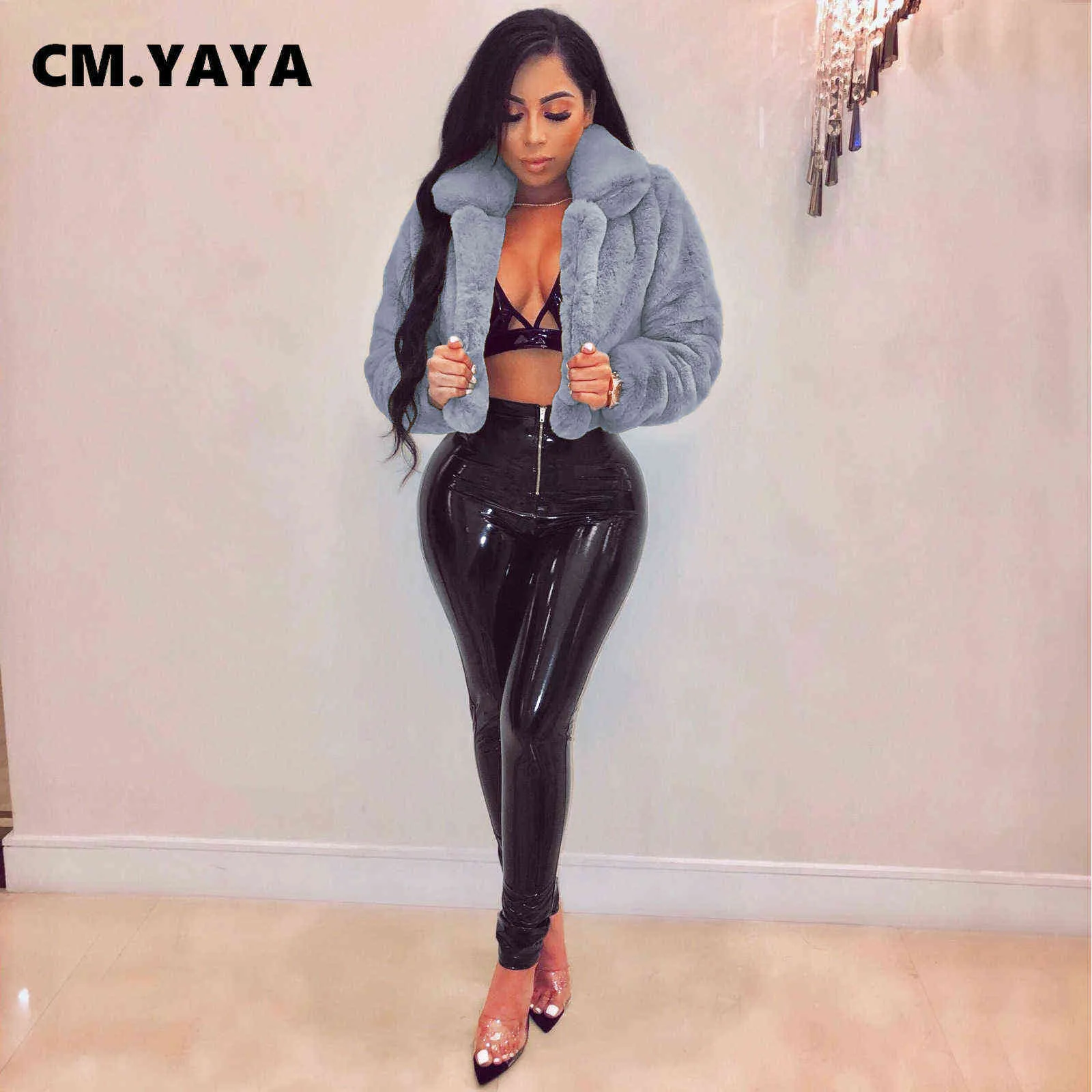 CM.Yaya Winter Women Faux Futro Solidne Kurtki Streetwear Moda Długi Rękaw Open Stitch Slim Płaszcze 211110