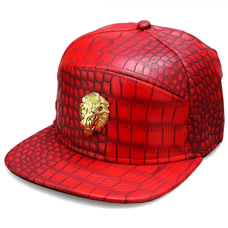 Hip Hop Rap 5 Panel Metal Altın Aslan Kafa Pu Deri Beyzbol Kapı Gündelik Unisex Kemer Toka Şapkaları Erkekler Siyah Kırmızı 210623304J