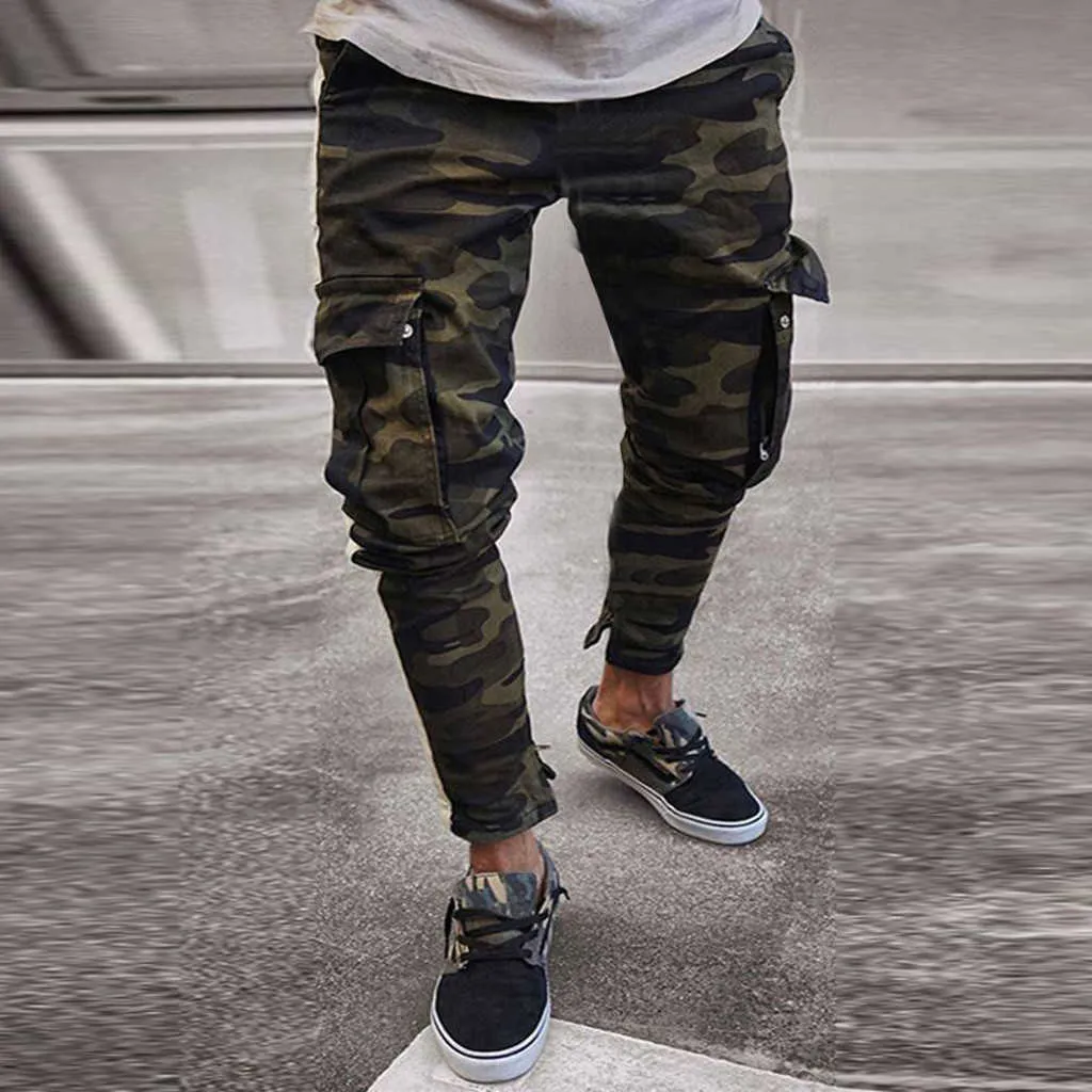 Herren Cargohose Denim Jeans Hose Slim Fit Streetwear Hip-Hop Casual Herbst Plissee Skinny Camouflage Stretch Sportwear X0621