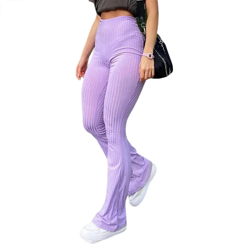 Pantaloni svasati da donna Pantaloni lunghi a vita alta elastici sottili lavorati a maglia da donna Pantaloni sportivi viola da donna Abbigliamento vintage femminile 210522