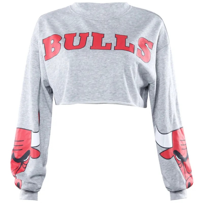 Y2K Vår New Streetwear Långärmad Sweatshirt Kvinna Vintage Loose O Neck Bulls Print Crop Tops Pullovers Sportkläder 210422