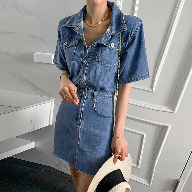 Korejpaa Dames Jurk Zomer Koreaanse Retro Temperament Revers Single-Breasted Slim-Fit Multi-Pocket Korte-mouw Denim Vestido 210526