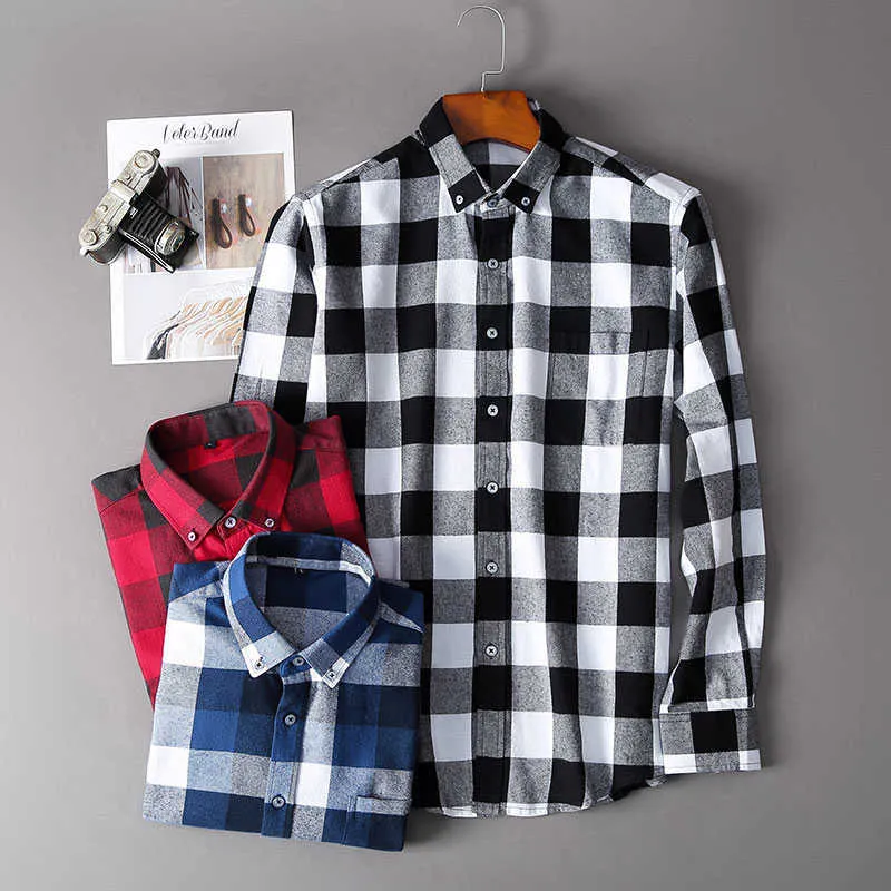 Män Flannel Plaid Shirt 100% Bomull Vår Höst Casual Långärmad Soft Comfort Slim Fit Styles Märke For Man Plus 210626