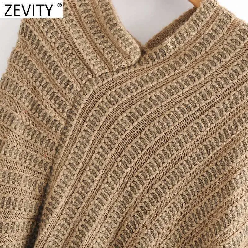 Zevity Women Fashion Hem Tassel Virket Stickad Sjal Sweater Kvinna Patchwork Pullovers Chic Hollow Out Cloak Tops S531 210603