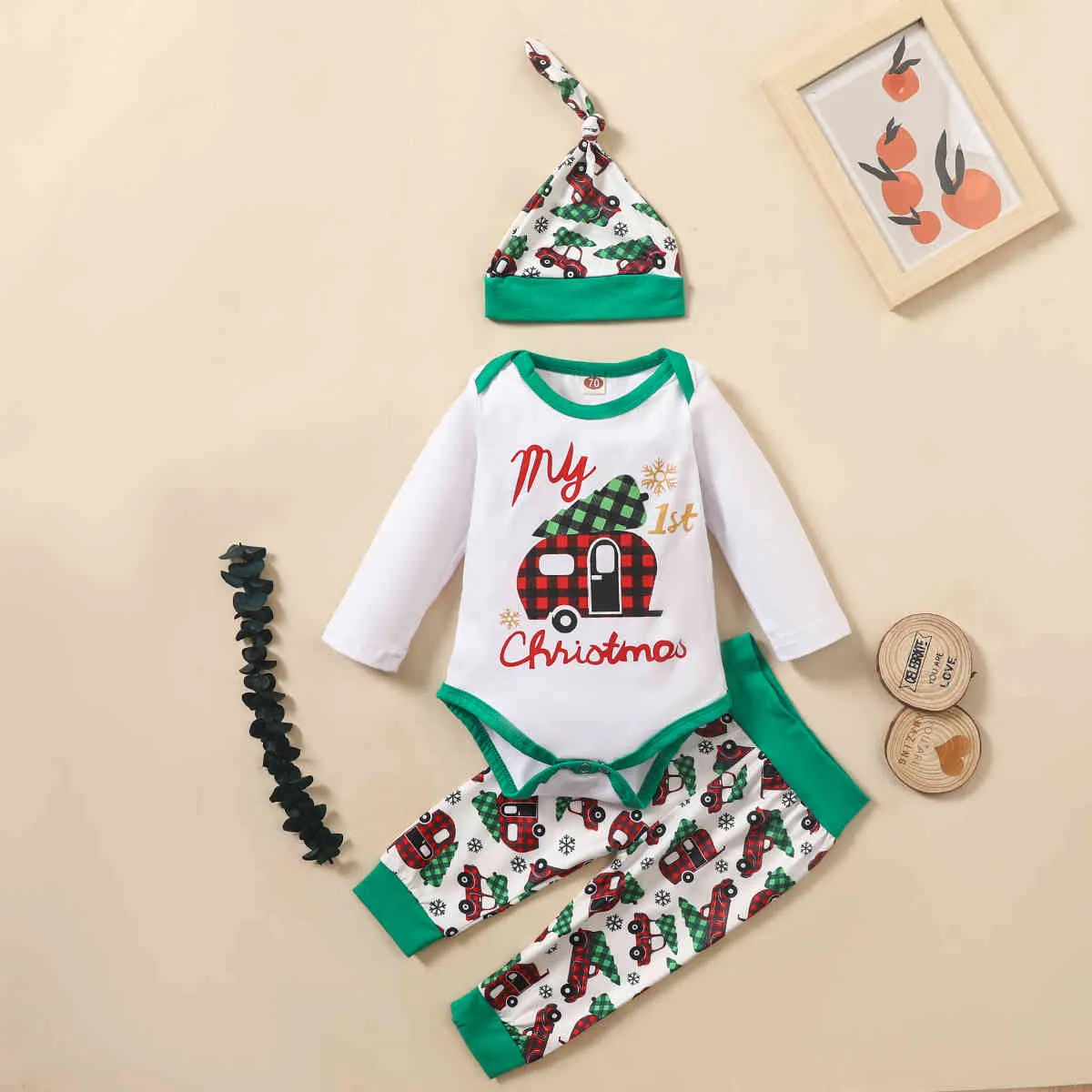 0-24m julfödd spädbarns pojke kläder uppsättning tecknad bil långärmad romer grön byxor toddler pojke xmas outfits 210515