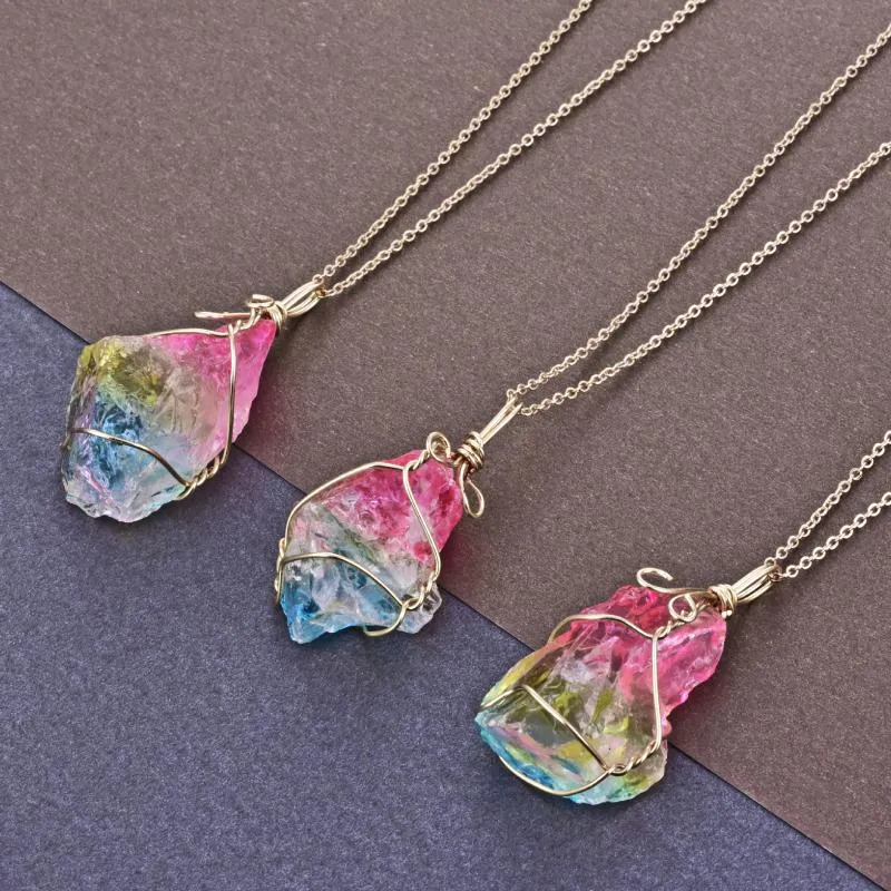 Pendant Necklaces Irregular Natural Crystal Stone Wire Wrap Necklace For Women Rainbow Quartz Reiki Healing196x