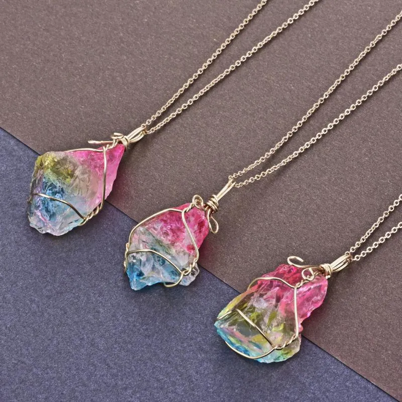 Подвесные ожерелья нерегулярные натуральные хрустальные каменные проводные ожерелье для женщин радужного кварца Reiki Healing196x
