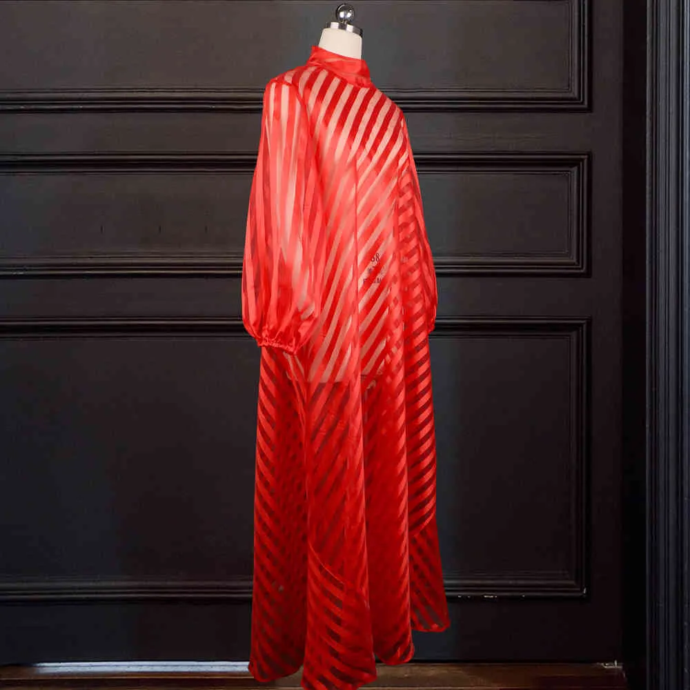 女性のセクシーな薄手の長いドレス赤の縞模様のスタンドカラー特大の透明な夏のカジュアルラインローブ服Maxi Vestidos 210416