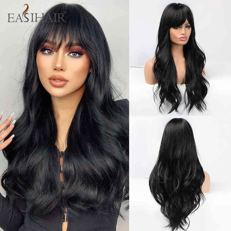 Hair Synthetic Wigs Cosplay Easihair Long Dark Brown Women's Wigs with Bangs Water Wave Heat Resistant Synthetic for Women African American Hair Wig 220225