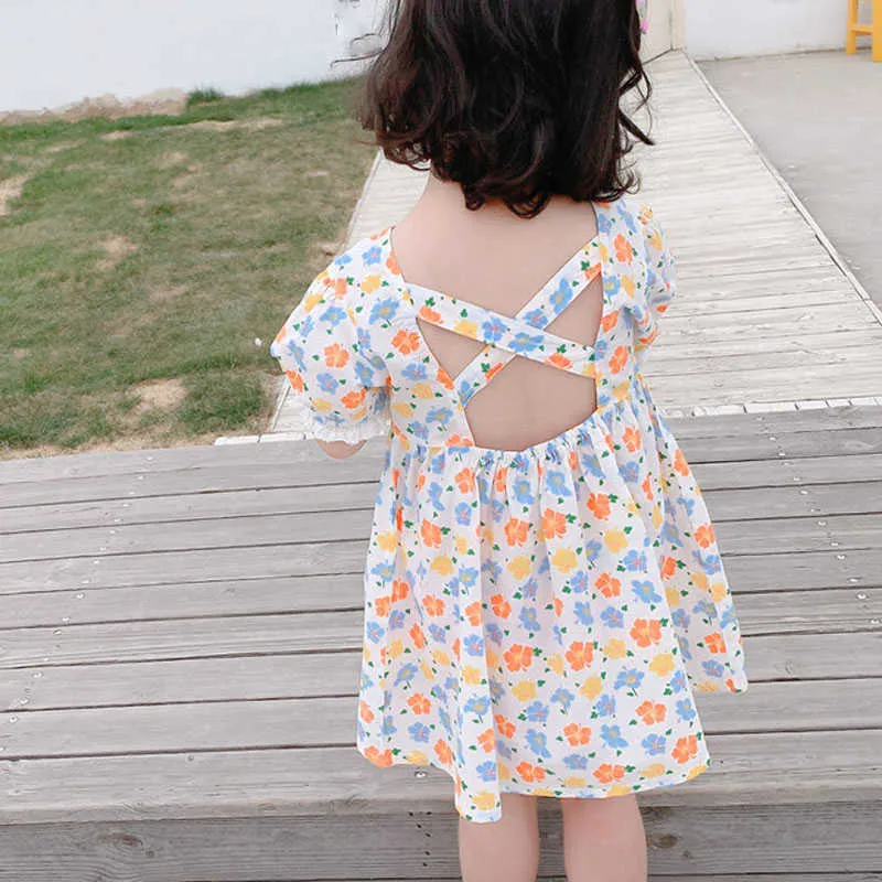 Vestido de niña de verano Estilo coreano Bordes de encaje Bordes Dulce Flor Floral Princesa Bebé Niños Ropa para niños para niña 210625