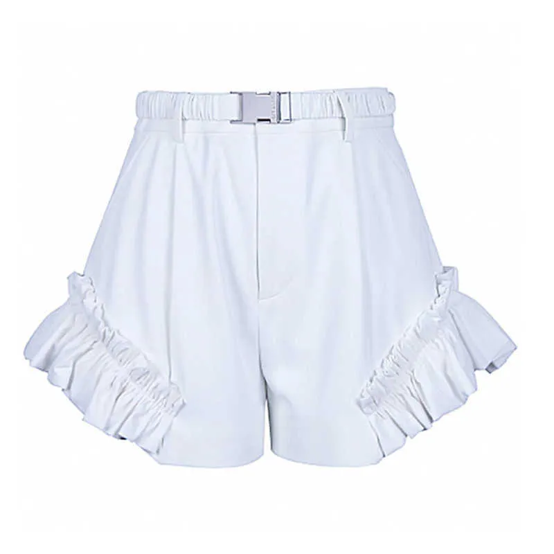 [Deat] zomer mode hoge taille effen kleur ruches a-line losse temperament elegante vrouwen shorts 13C947 210527