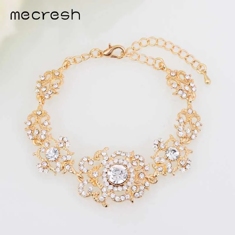 Mecresh Gold Color Crystal Bridal Jewelry Sets Floral Pattern Long Earrings Bracelet Set 2018 Fashion jewelry SL031+EH182 H1022