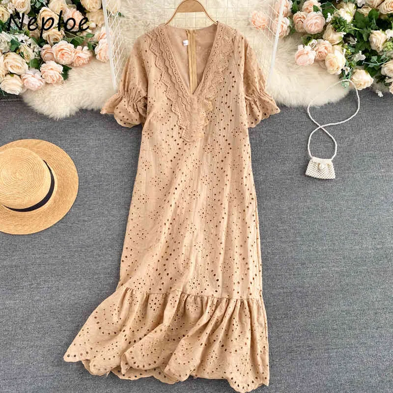 Neploe French Lace Hook Flower Temperamento Vestido Mujeres Cintura Alta Hip Sirena Vestidos Sólido V Cuello Manga Corta Robe Verano 210423