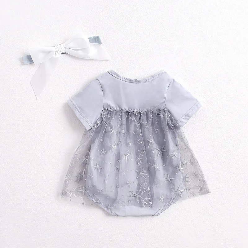 Summer Baby Bodysuit Girl Starfish Net Yarn Cotton Triangular Crawling Dress Fashion Kids Short-sleeved Clothes 210515